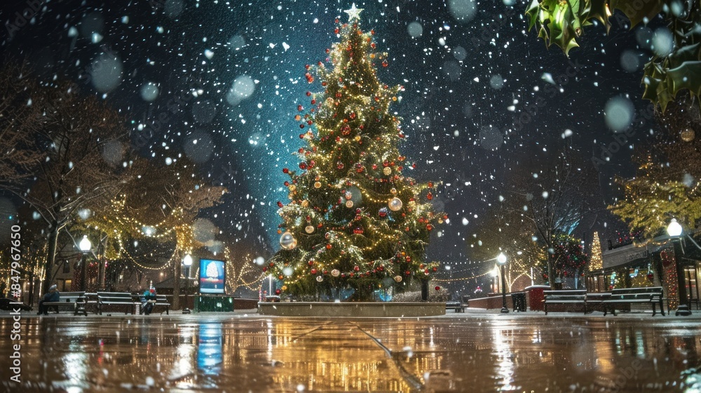Snowy Night with a Christmas Tree in a Festive Town Square Snowy Night with a Christmas Tree in a Festive Town Square