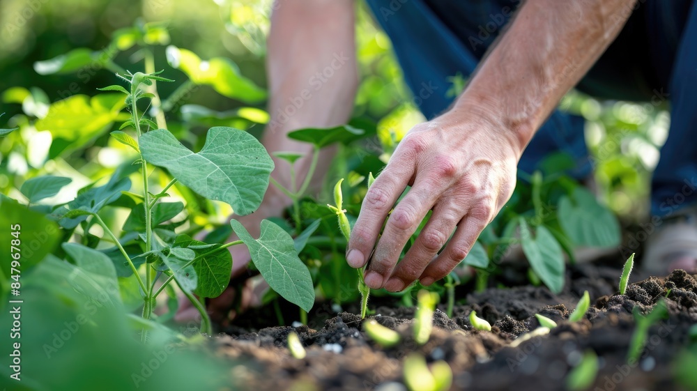 Person tending to plants in garden setting Person tending to plants in garden setting