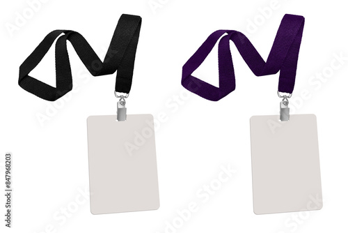 Plastic badge. Identity card with dark black, purple ribbon. Template for company employees, shows, events, concerts and speeches, speakers and organizers. on a transparent background, png