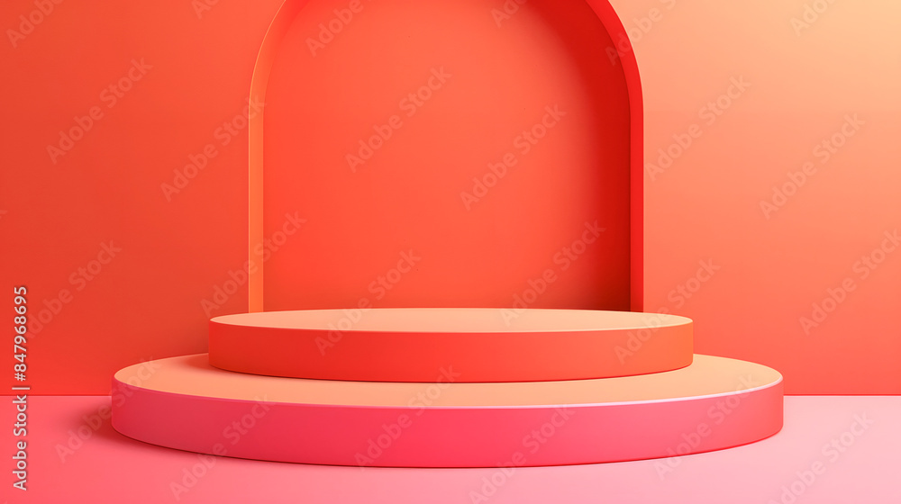 Obraz premium Minimalistic red and orange podium with archway background, perfect for modern presentations, product displays, and creative projects.