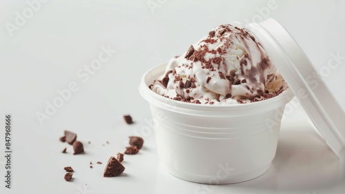 Ice cream in disposable cup with chocolate pieces on white background photo