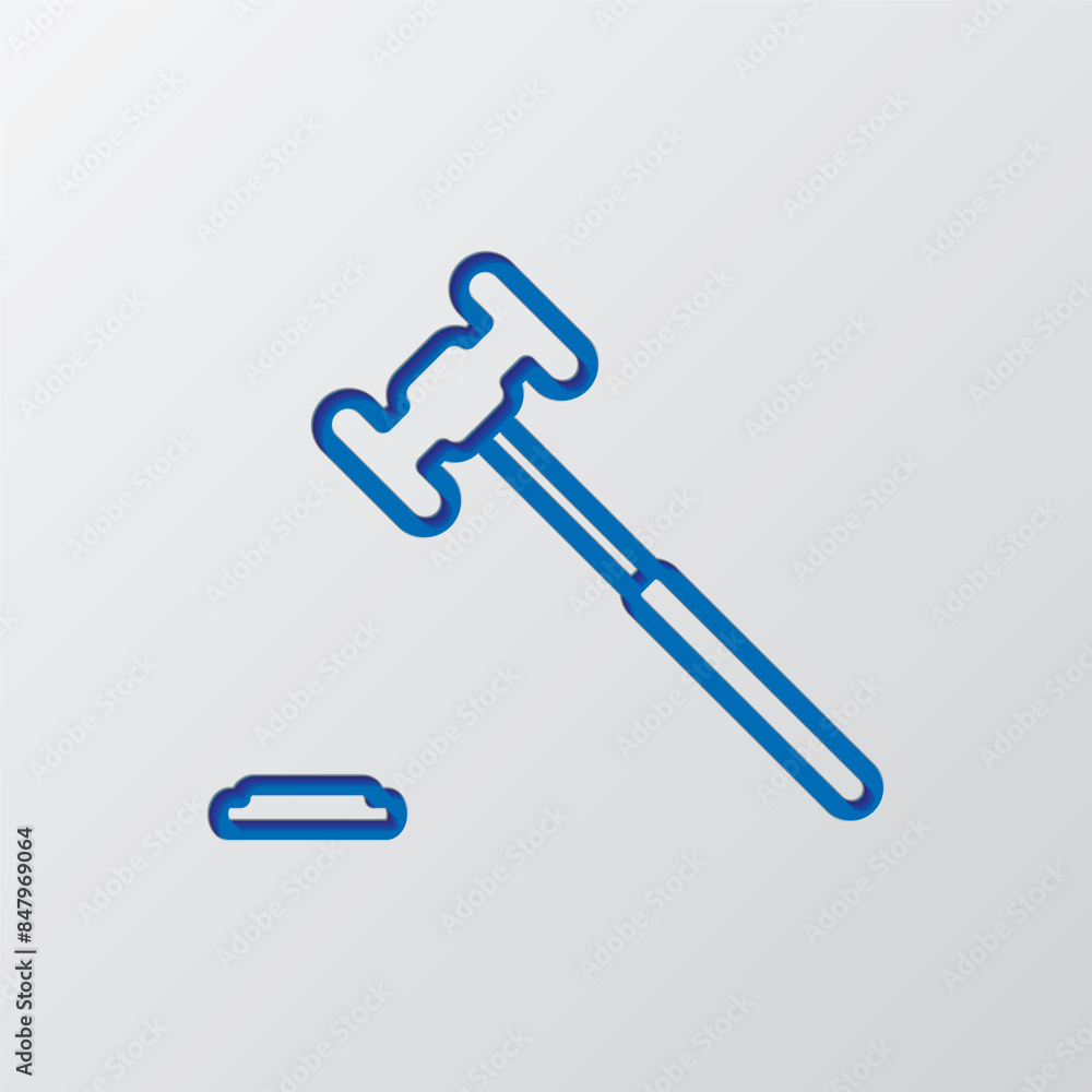 Judge gavel simple icon vector. Flat design. Paper cut design. Cutted blue symbol with shadow. Gray background