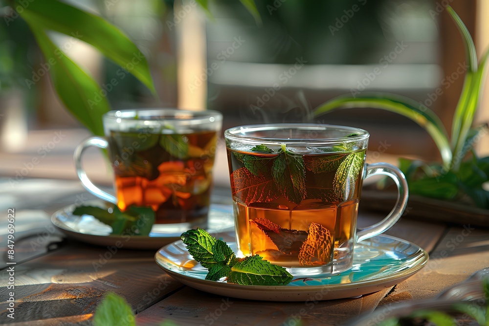 A couple of cups of tea sitting on top of a wooden table A couple of cups of tea sitting on top of a wooden table