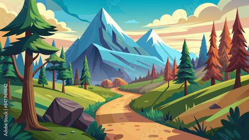 Hiking on the trails with a mountain in the distance, smooth lines, and landscape illustration.
