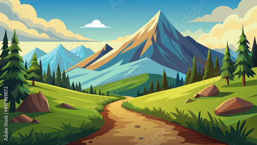 Hiking on the trails with a mountain in the distance, smooth lines, and landscape illustration.
