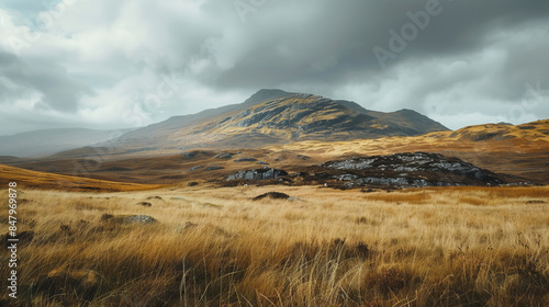 Scenic landscape of Scottish countryside with mountains and cloudy sky