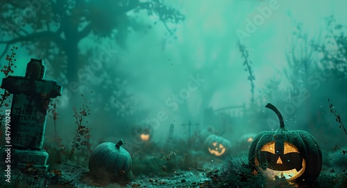 Spooky Halloween Night in Graveyard with Jack o' Lanterns