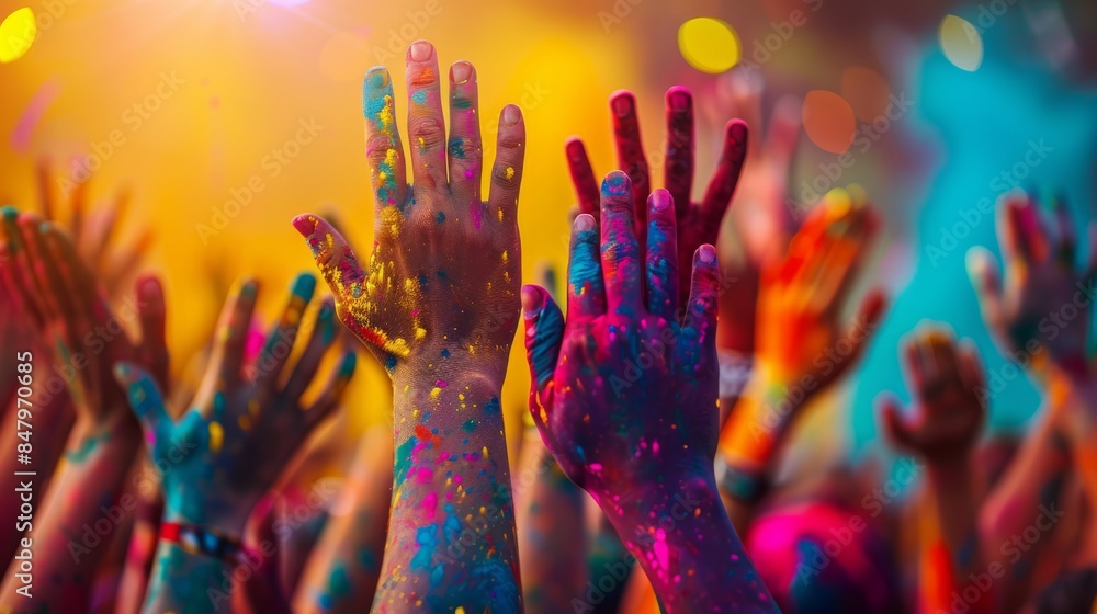 Colorful hands raised in the air at a holly festival celebration Colorful hands raised in the air at a holly festival celebration