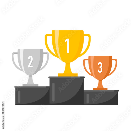 Winner's cups - gold, silver and bronze. Awards on the pedestal. Vector illustration.