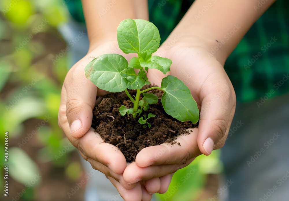 Closeup of Hands Holding Small Plant with Soil on Green Background Closeup of Hands Holding Small Plant with Soil on Green Background