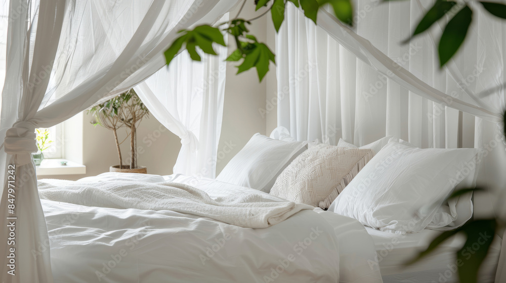 Serene white linens on a canopy bed in a bright home Serene white linens on a canopy bed in a bright home