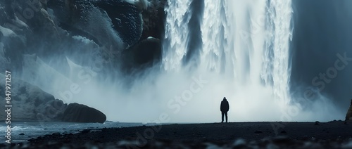 Man at Skogafoss Waterfall in Iceland Panorama photo