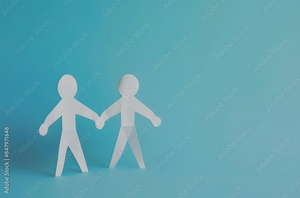 Paper People Holding Hands on Blue Background Paper People Holding Hands on Blue Background