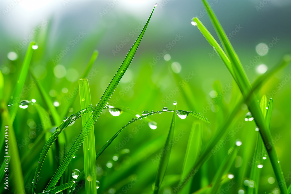 Fototapeta premium Dew-covered grass blades bending under the weight of the droplets, with the morning sunlight casting long shadows and creating a sense of serenity and tranquility in the natural world