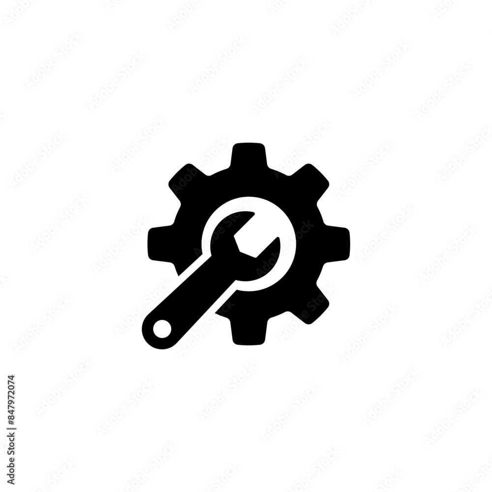 Black vector icon of a gear and wrench, symbolizing settings or repair Black vector icon of a gear and wrench, symbolizing settings or repair