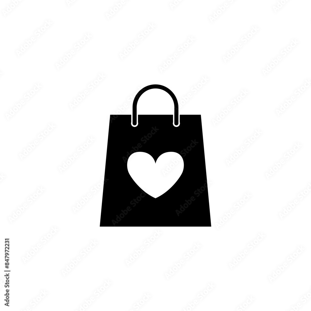 Black shopping bag icon with a heart symbol, perfect for retail and love-themed designs Black shopping bag icon with a heart symbol, perfect for retail and love-themed designs