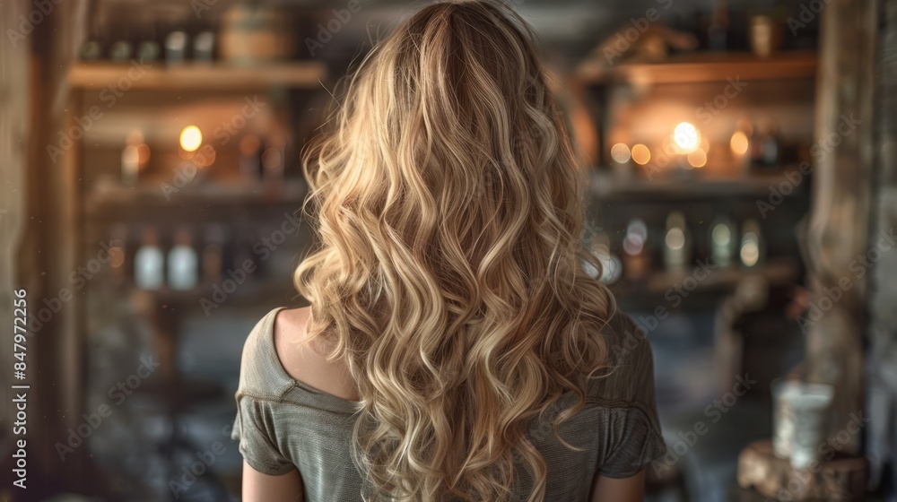 Woman with beautiful wavy blonde hair from behind Woman with beautiful wavy blonde hair from behind