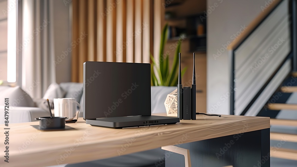 a high-speed router placed on a clean, minimalist desk, with stylish modern home decor elements, highlighting the theme of secure online communication a high-speed router placed on a clean, minimalist desk, with stylish modern home decor elements, highlighting the theme of secure online communication