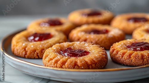 Plate full of jelly cookies dusted with sugar, focus on the glistening jam centers © familymedia