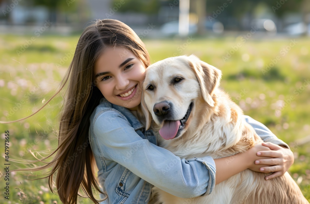 Happy Young Woman with Her Dog at the Park Happy Young Woman with Her Dog at the Park