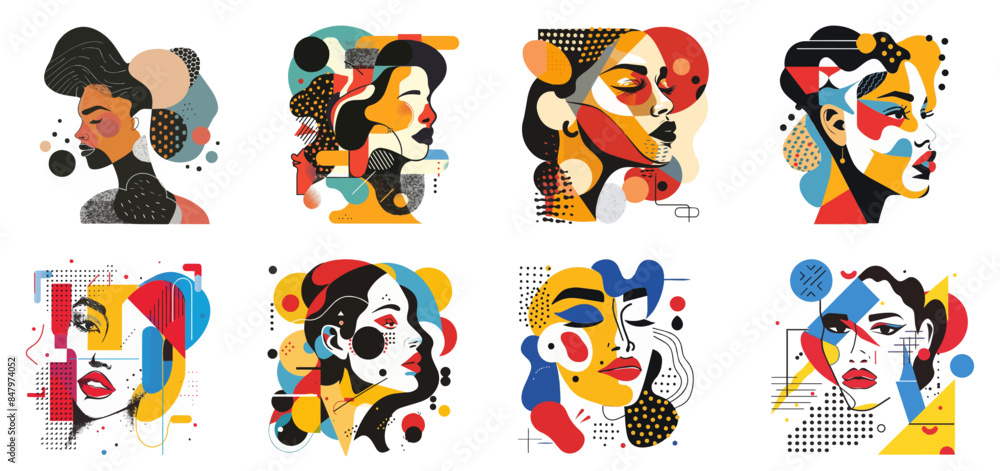 Fototapeta premium Set of woman portrait, Abstract art vector illustration poster with geometric minimal shapes and lines in muted colors, hand drawn doodle style