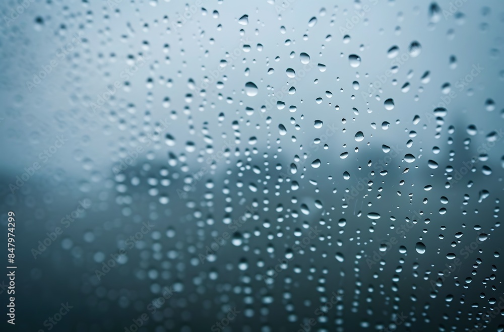 Rain Drops on Window with Foggy Blue Background Rain Drops on Window with Foggy Blue Background