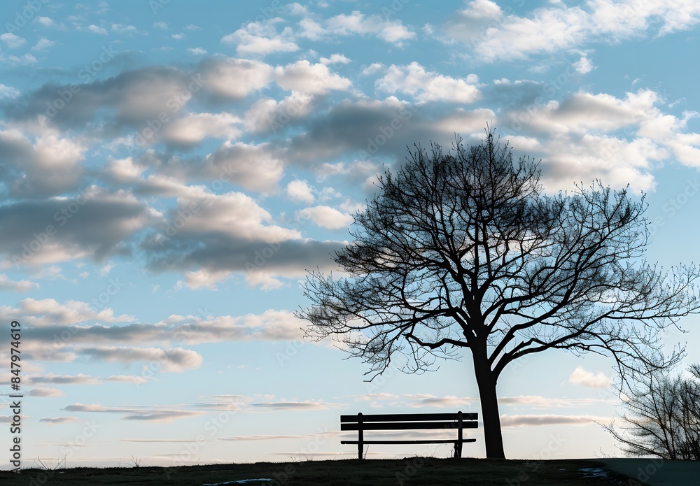 Silhouette of Tree and Bench Against Cloudy Sky at Sunset Silhouette of Tree and Bench Against Cloudy Sky at Sunset