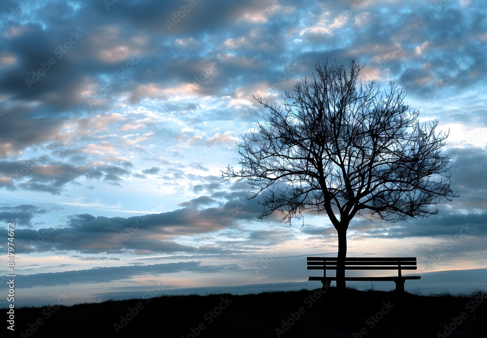 Silhouette of Tree and Bench Against Sky at Sunset Silhouette of Tree and Bench Against Sky at Sunset