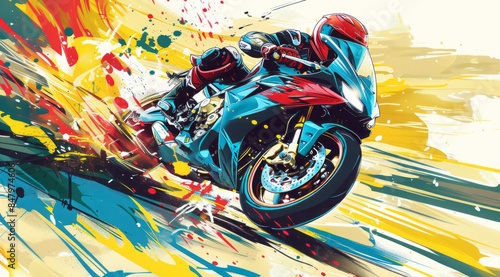 This design features a dynamic scene of a sport bike speeding on the road, accompanied by vibrant splashes in the background. photo