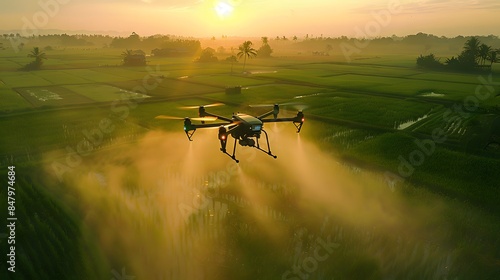 Drone technology in action: spraying medicine over rice fields, captured in a bright 