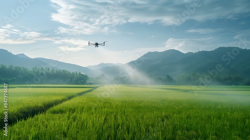 Advanced agricultural drone spraying medicine over expansive rice fields, in a bright and clear photo