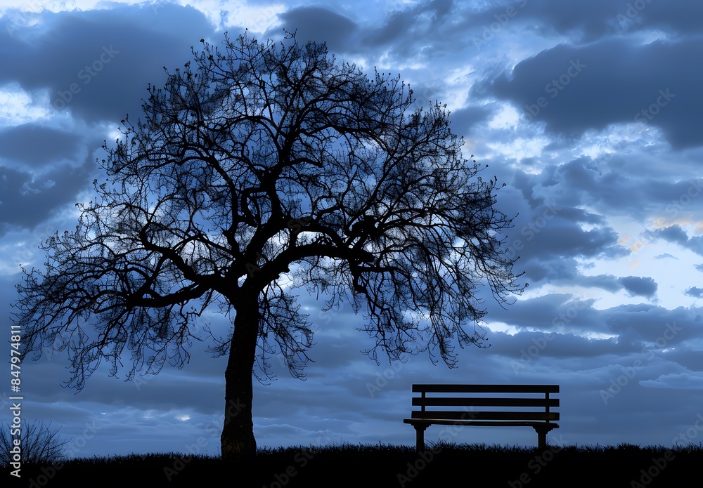 Silhouette of Leafless Tree and Bench Against Dark Blue Sky Silhouette of Leafless Tree and Bench Against Dark Blue Sky