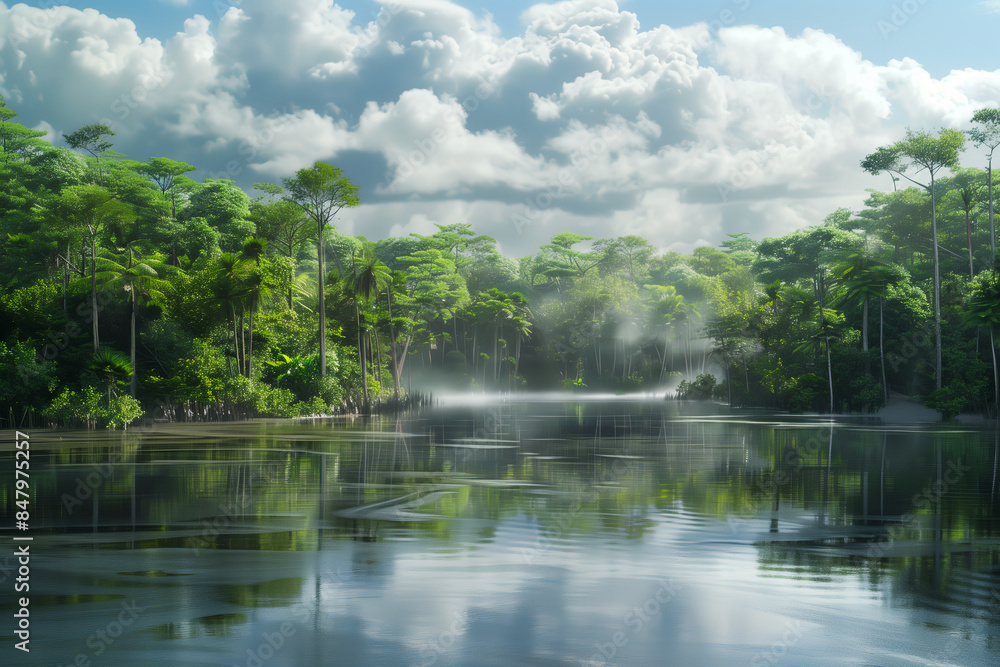 Tranquil coastal rainforest, with mangrove swamps, dense foliage, and winding rivers Tranquil coastal rainforest, with mangrove swamps, dense foliage, and winding rivers