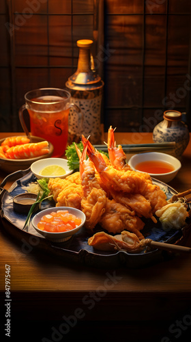 Japanese fried seafood tempura platter food photography poster background