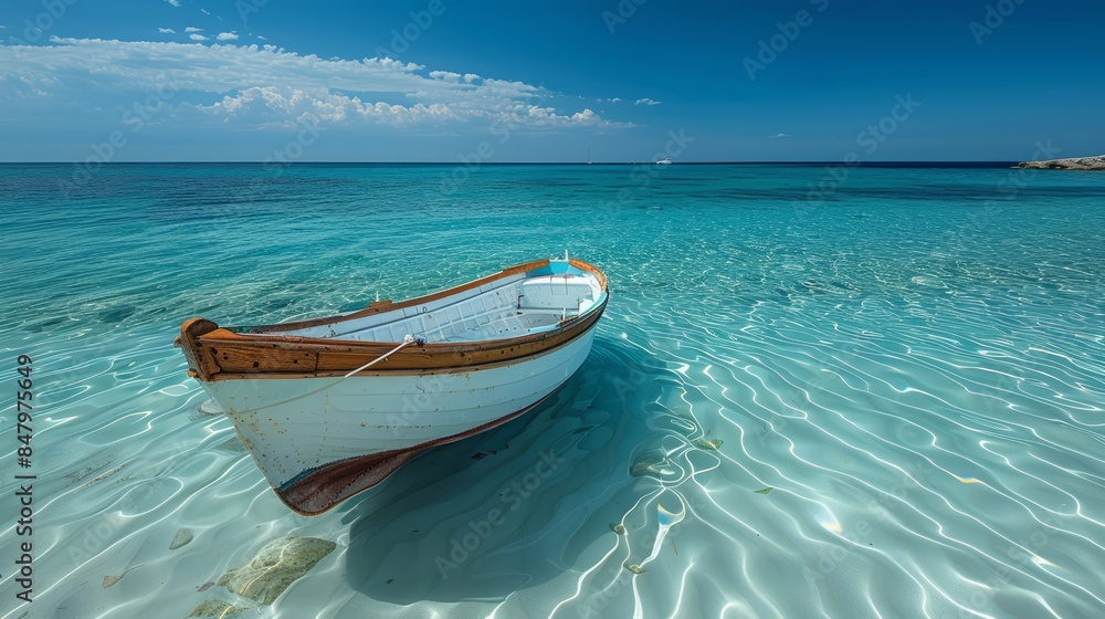 Naklejka premium Wooden boat floating on clear turquoise water near the shore