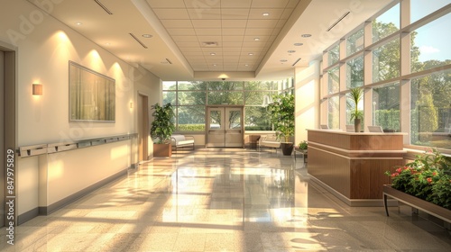 Modern hospital waiting area with natural sunlight photo