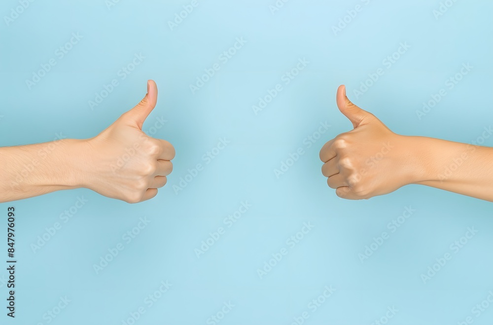 Two Hands Showing Thumbs Up and Down on Light Blue Background Two Hands Showing Thumbs Up and Down on Light Blue Background