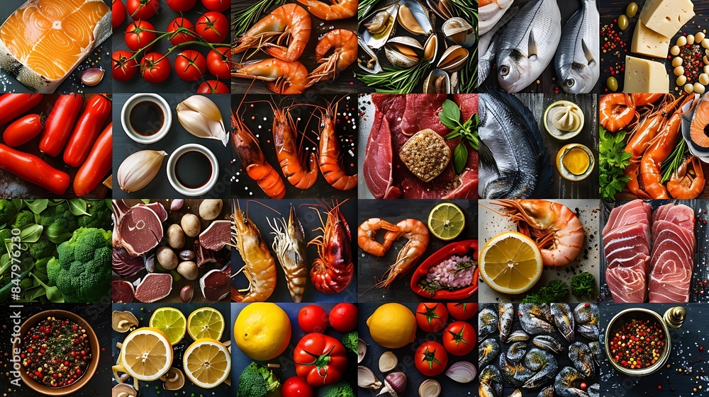 A vibrant and appetizing photo collage banner featuring a variety of seafood, meat, and vegetable dishes, expertly captured to emphasize their distinct appeal A vibrant and appetizing photo collage banner featuring a variety of seafood, meat, and vegetable dishes, expertly captured to emphasize their distinct appeal