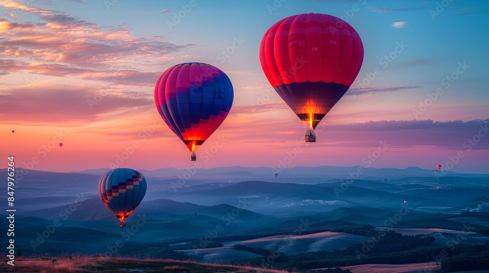 Colorful hot air balloons flying over a scenic landscape at sunset Colorful hot air balloons flying over a scenic landscape at sunset