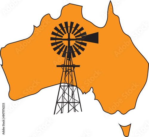 windmill silhouette on map of australia, outback rural remote farming community communities, australian geography demographics population, simple vector illustration