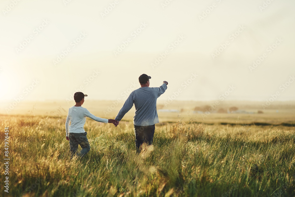 Back, field and father with son, holding hands and walking with sunshine, travel and bonding together. Family, single parent and dad with kid, boy and child with weekend break, nature and adventure