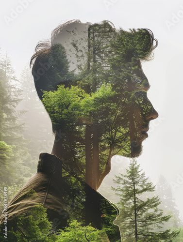 Wallpaper Mural Double Exposure Portrait of Man Blended with Misty Forest Torontodigital.ca