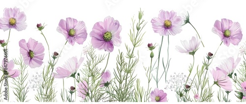 Seamless Watercolor Wildflowers Field Pattern on White Background