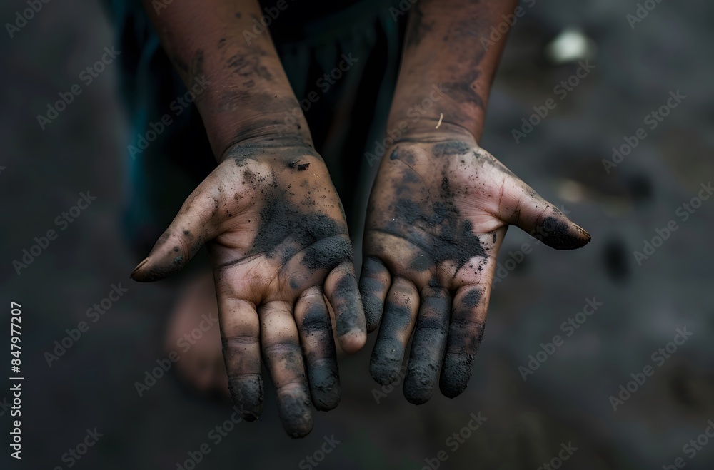 Fototapeta premium Close-up of Dirty Hands of a Poor Child on Dark Background