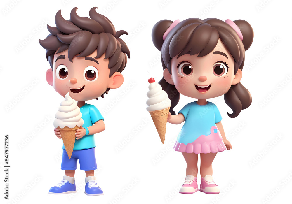3d rendering little boy and girl cartoon characters holding ice cream cone isolated on transparent background, PNG file add 3d rendering little boy and girl cartoon characters holding ice cream cone isolated on transparent background, PNG file add