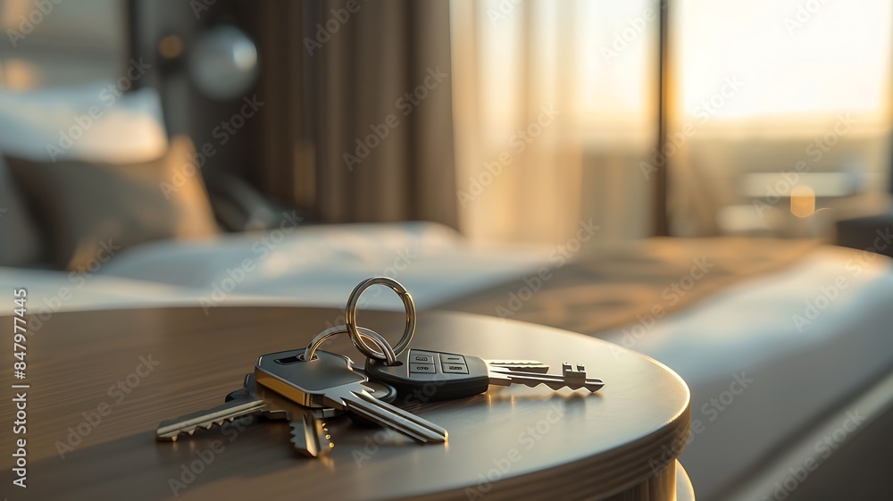 capturing a close-up of keys resting on a table in a contemporary apartment, the room tastefully decorated, representing the concept of mortgage and property ownership capturing a close-up of keys resting on a table in a contemporary apartment, the room tastefully decorated, representing the concept of mortgage and property ownership
