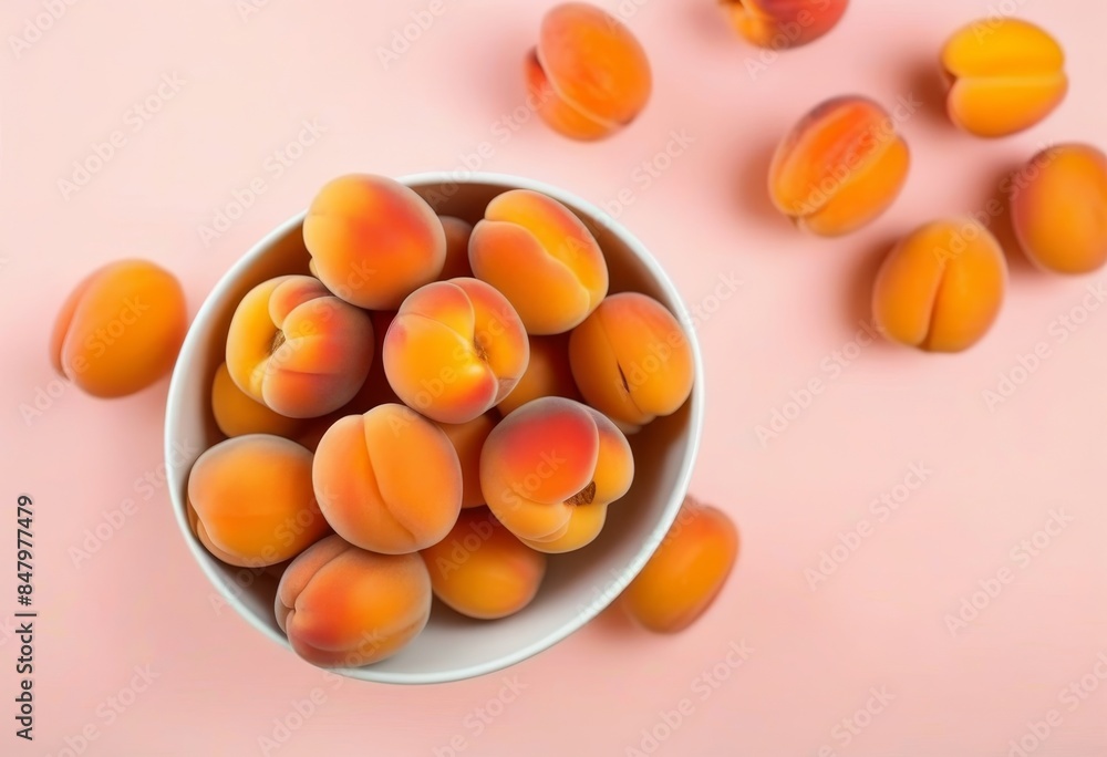 A top-down view of a bowl filled with fresh apricots on a light pink background A top-down view of a bowl filled with fresh apricots on a light pink background