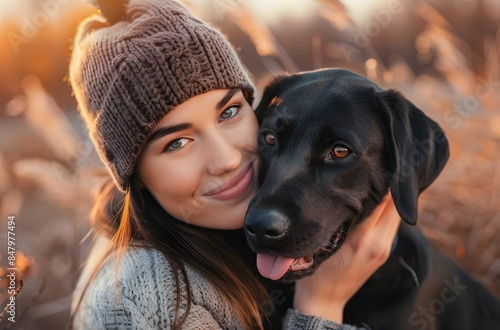 Young woman with happy Labrador Retriever dog outdoors photo