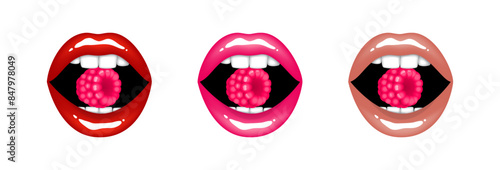 Beautiful sexy plump glossy female lips holds raspberries, red, pink and beige nude colors. Set of isolated vector illustrations