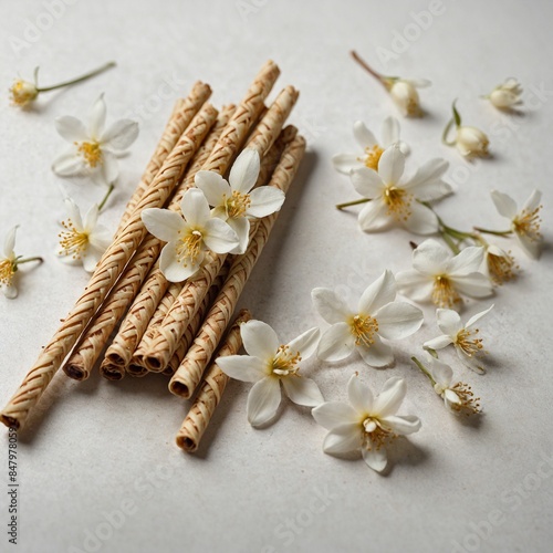"Vanilla sticks lying in a herringbone pattern with vanilla flowers interspersed on a white background." © malik